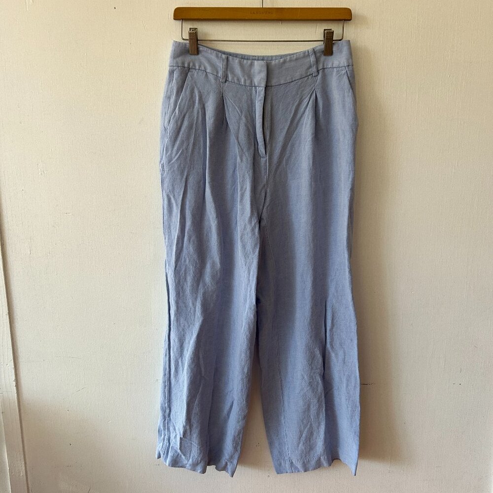 LOFT Wide Leg Linen Blend Pants Womens 4 Blue Pockets Coastal Beachy Boho